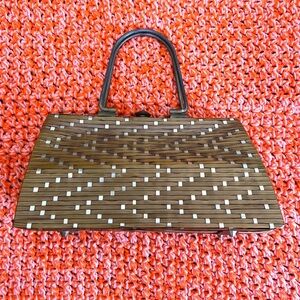 VINTAGE 1970s Woven Bamboo Wood Purse Wicker Rattan Handbag Clutch Rockabilly
